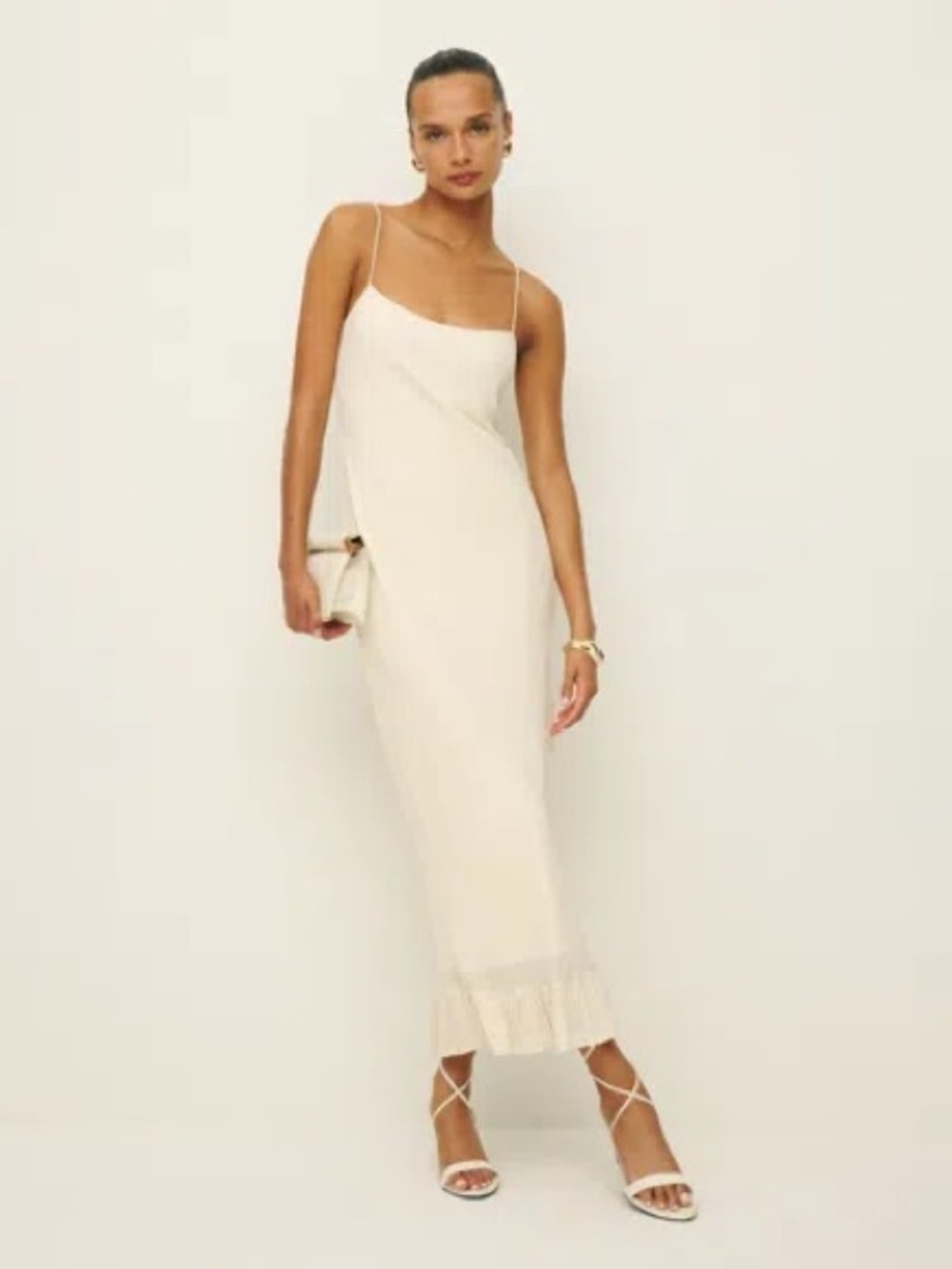 Reformation Suki Cream Midi Slip Dress with Ruffle Hem-  worn once